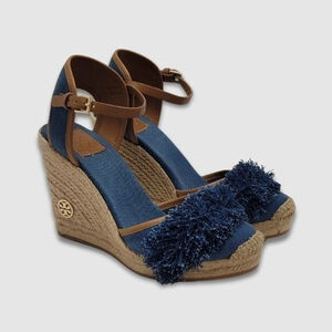 Tory Burch Wedge Espadrille Shaw Blue Denim Fringe Ankle Strap Sandals Size 8.5